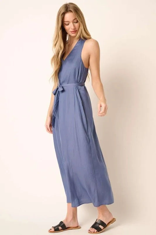 Cross Back Belted V Neck Tank Maxi Dress in Dusty Blue - product view 4
