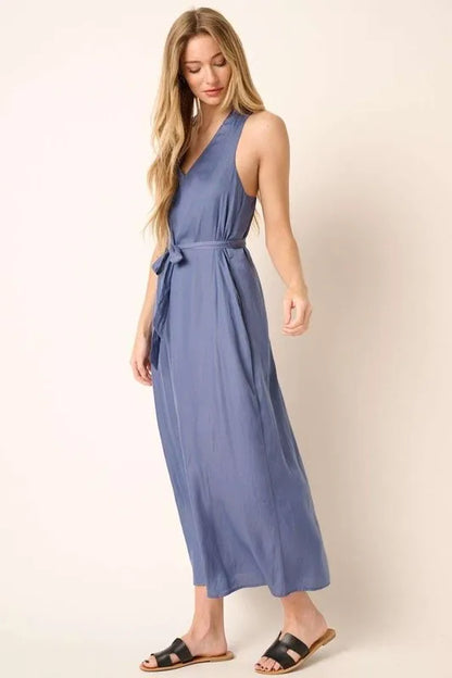 Cross Back Belted V Neck Tank Maxi Dress in Dusty Blue - product view 4