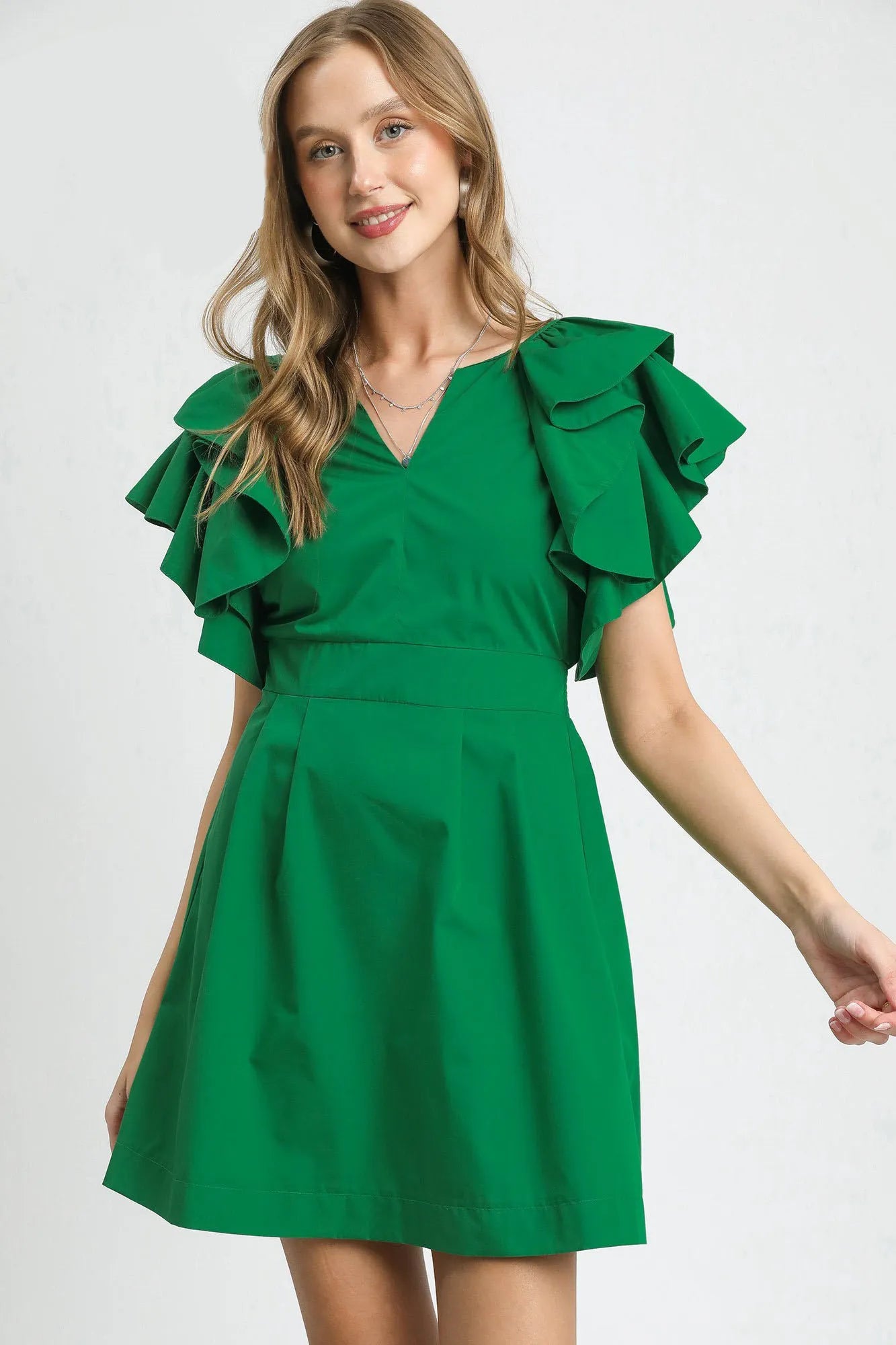 Double Ruffle Sleeve Fit and Flare Dress - Dark Green - product view 1