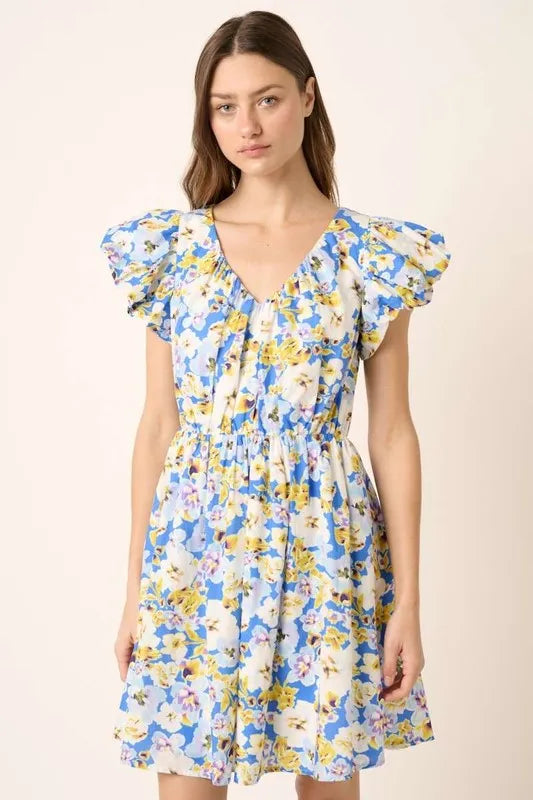 Floral V-Neck Cap Sleeve Mini Dress in Blue - product view 1
