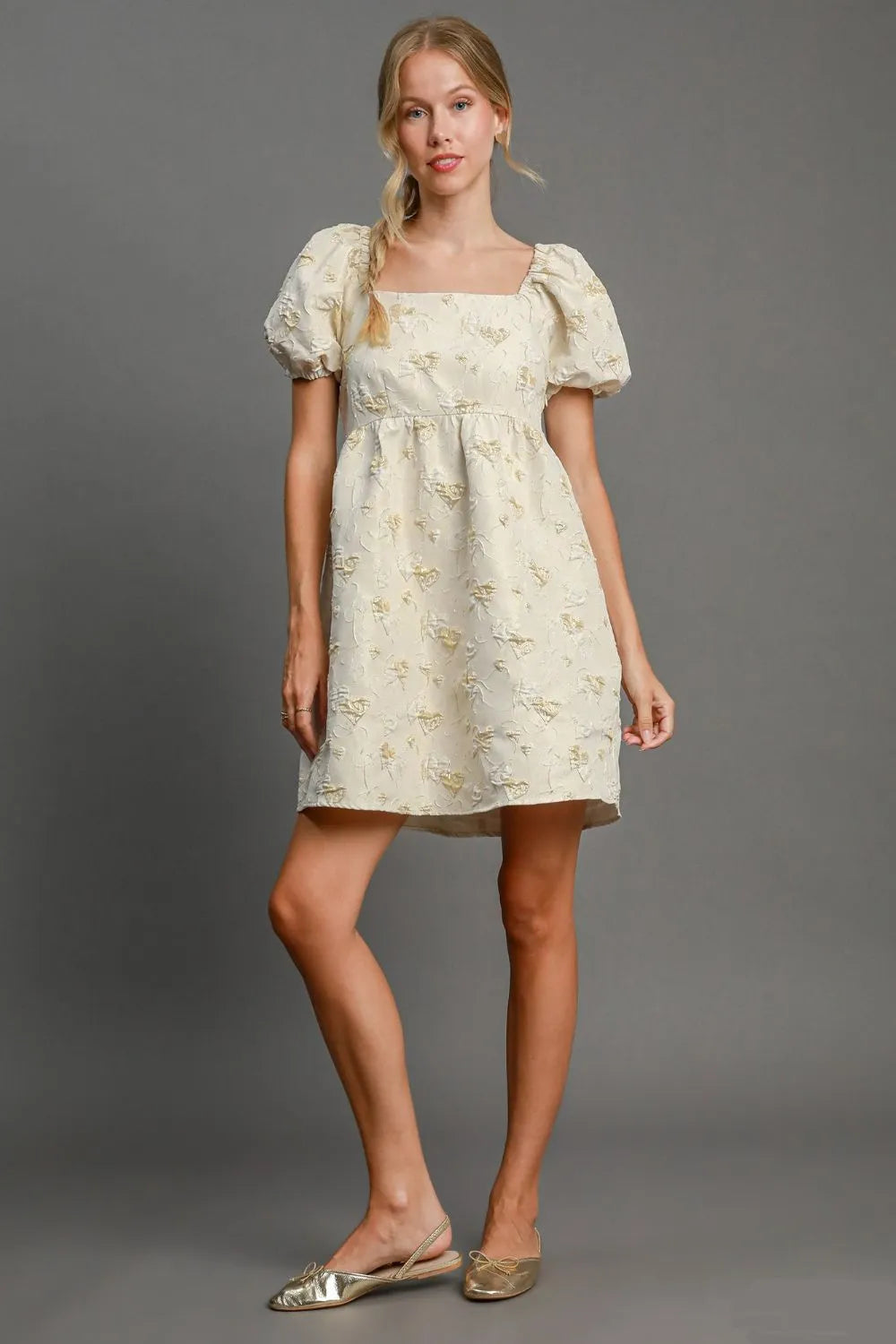 Heart Jacquard Square Neck Puff Sleeve Mini Dress - Cream - product view 1