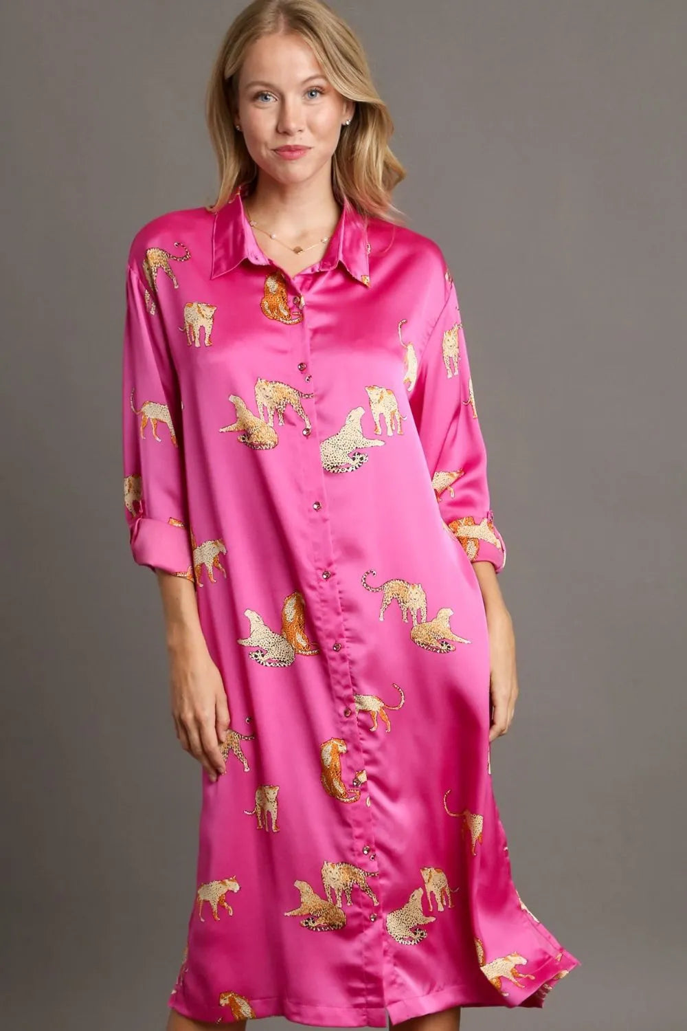 Full Size Animal Print Button Down Midi Shirt Dress Plus Size - Fuchsia Pink - product view 1