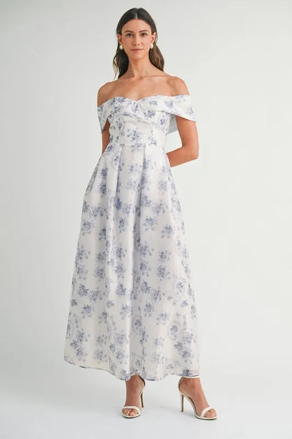 Floral Printed Off Shoulder Maxi Dress in Blue - product view 1
