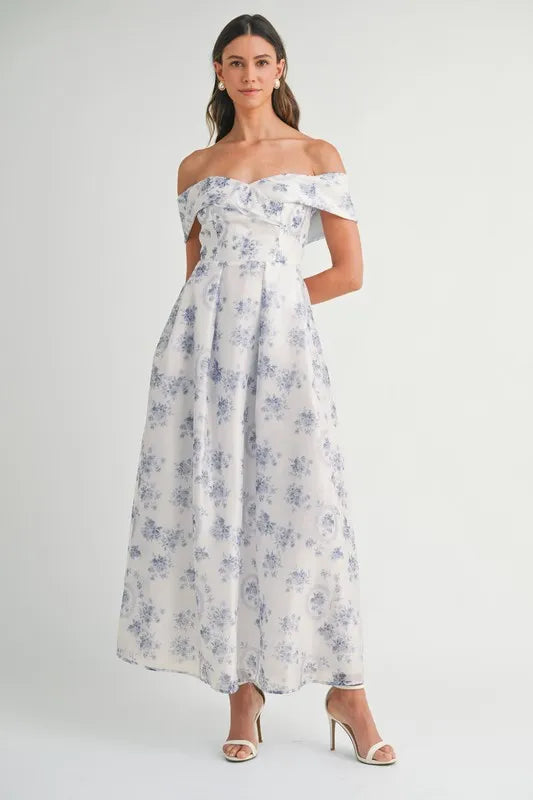 Floral Printed Off Shoulder Maxi Dress in Blue - product view 1