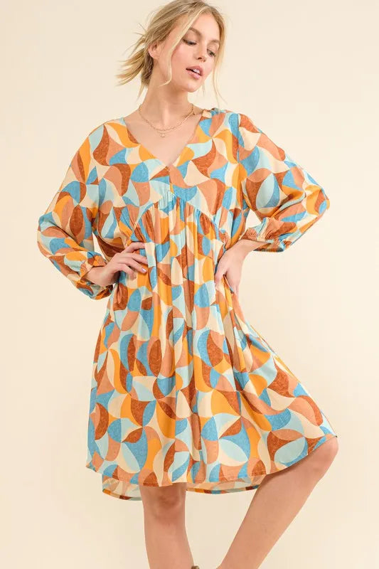 Printed Open Back Puff Sleeve Casual Dress in Blue Multi - product view 1