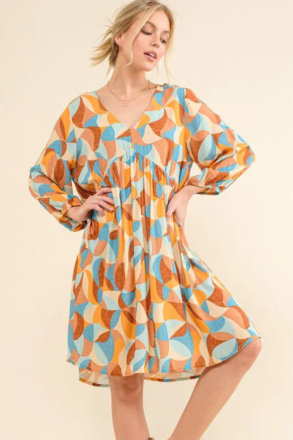 Printed Open Back Puff Sleeve Casual Dress in Blue Multi - product view 1