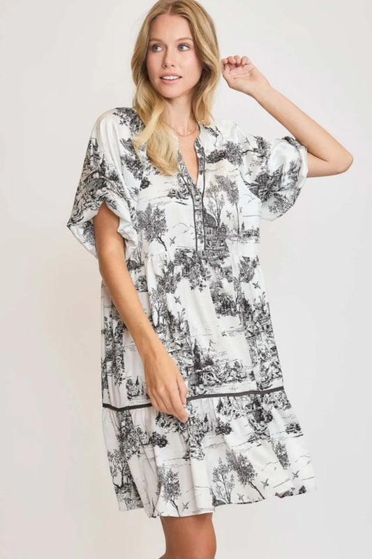 Full Size Two Tone Landscape Print Dress Plus Size - Black - product view 1