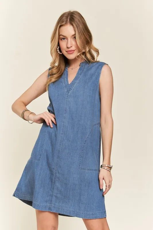 Notched Sleeveless Denim Dress with Pockets in Medium - product view 4