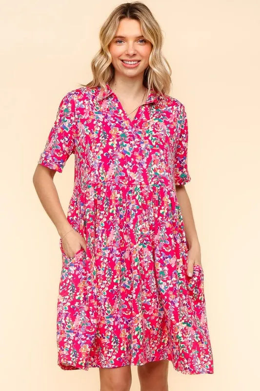 Johnny Collar Babydoll Dress with Side Pockets - Fuchsia - product view 4