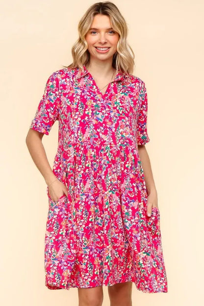 Johnny Collar Babydoll Dress with Side Pockets - Fuchsia - product view 4