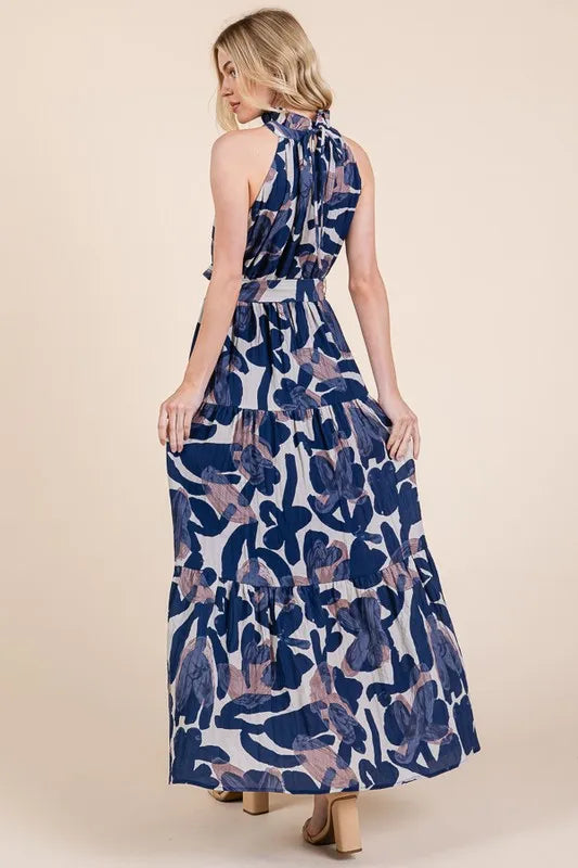 Abstract Halter Neck Tie-Waist Tiered Maxi Dress in Navy Combo - product view 12
