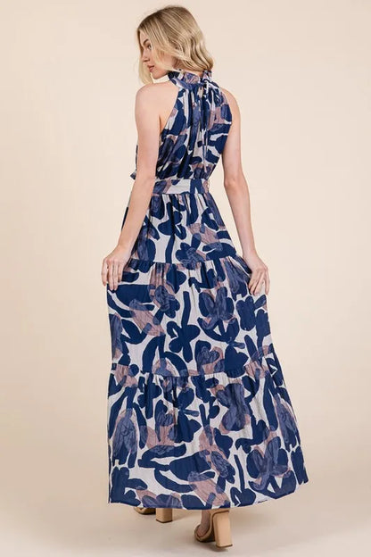 Abstract Halter Neck Tie-Waist Tiered Maxi Dress in Navy Combo - product view 12