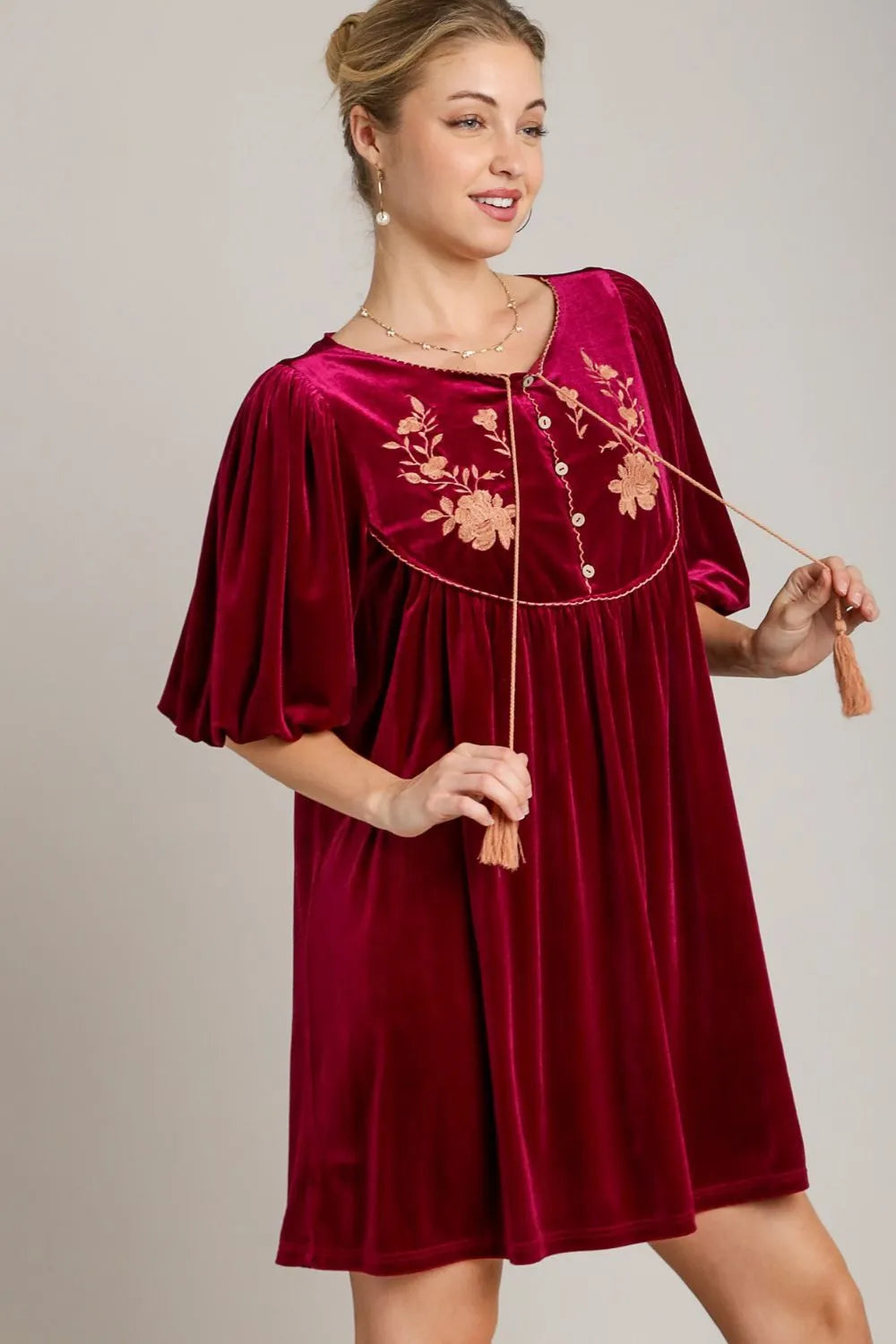 Embroidered Half Sleeve Velvet Mini Dress with Tassel in Burgundy - product view 3