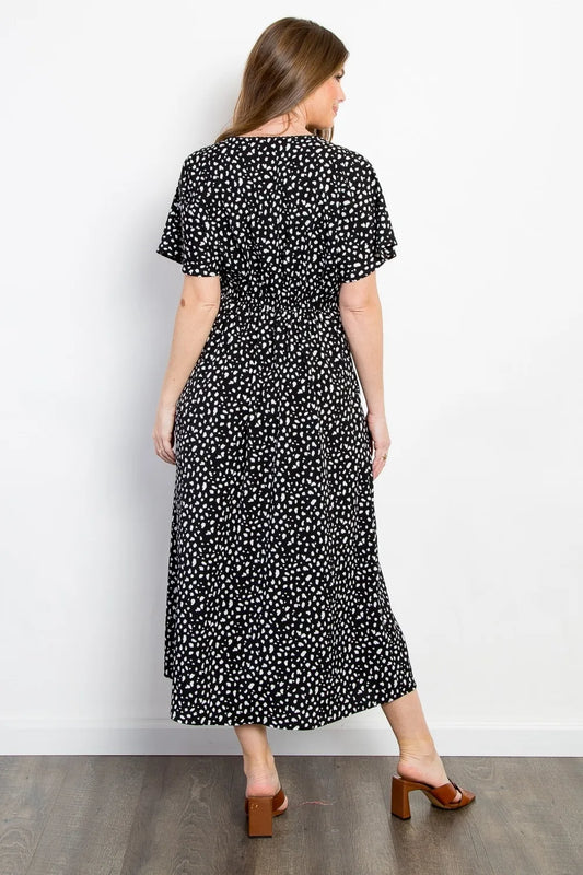 Full Size Printed Smocked Waist Dress in Black - product view 2