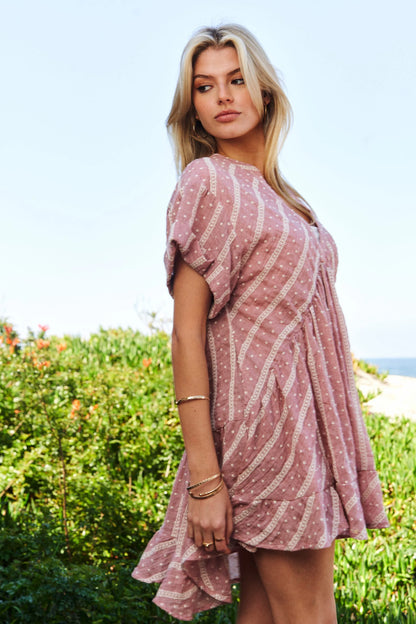 Embroidery V Neck Short Sleeve Ruffled Mini Dress in French Mauve - product view 6