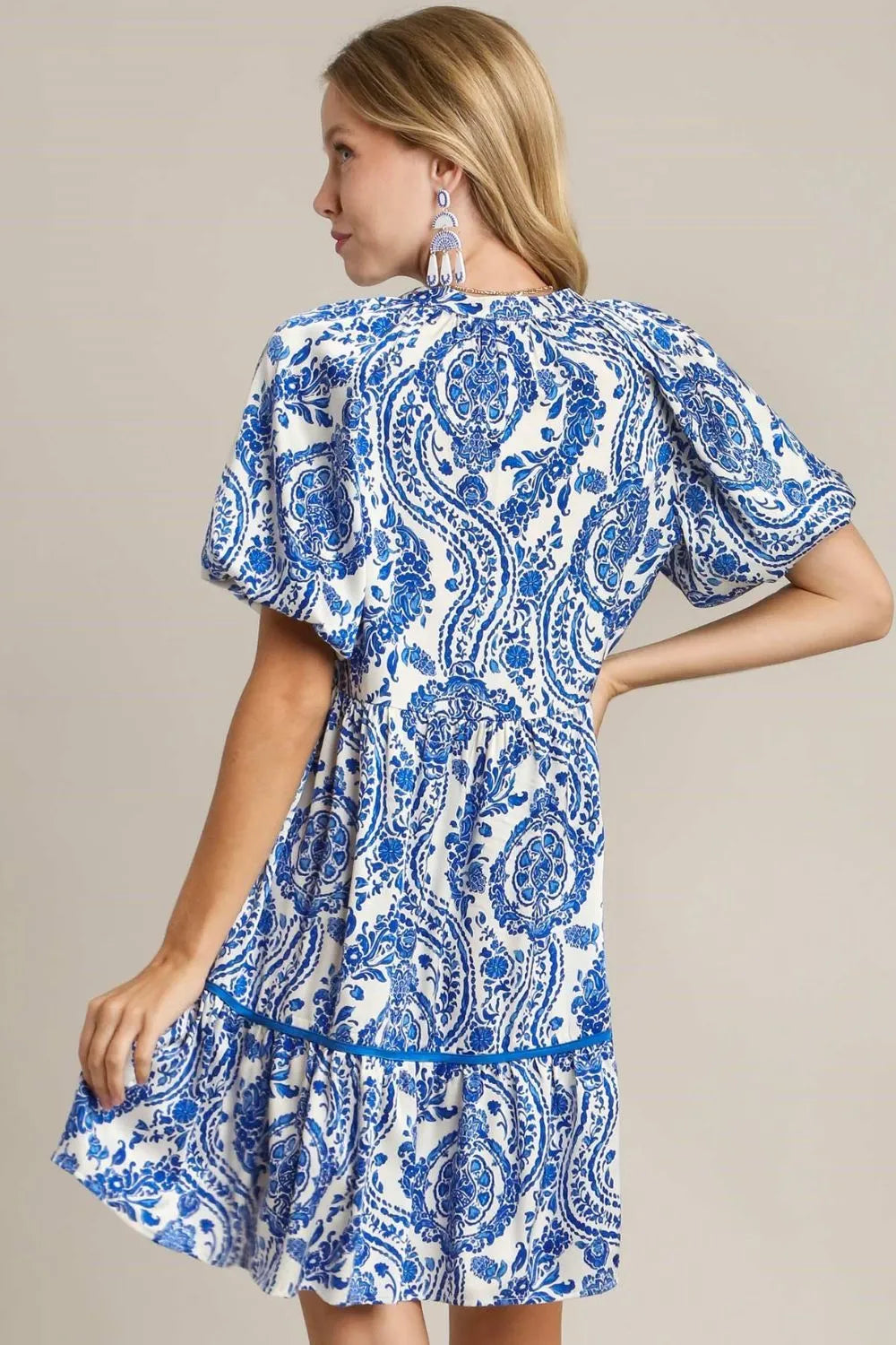 Full Size Printed Notched Puff Sleeve Mini Dress Plus Size - Royal Blue - product view 3