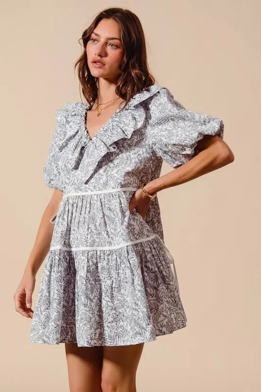 Cotton Printed Ruffle V Neckline Dress with Side Tie in Off White/Navy - product view 7