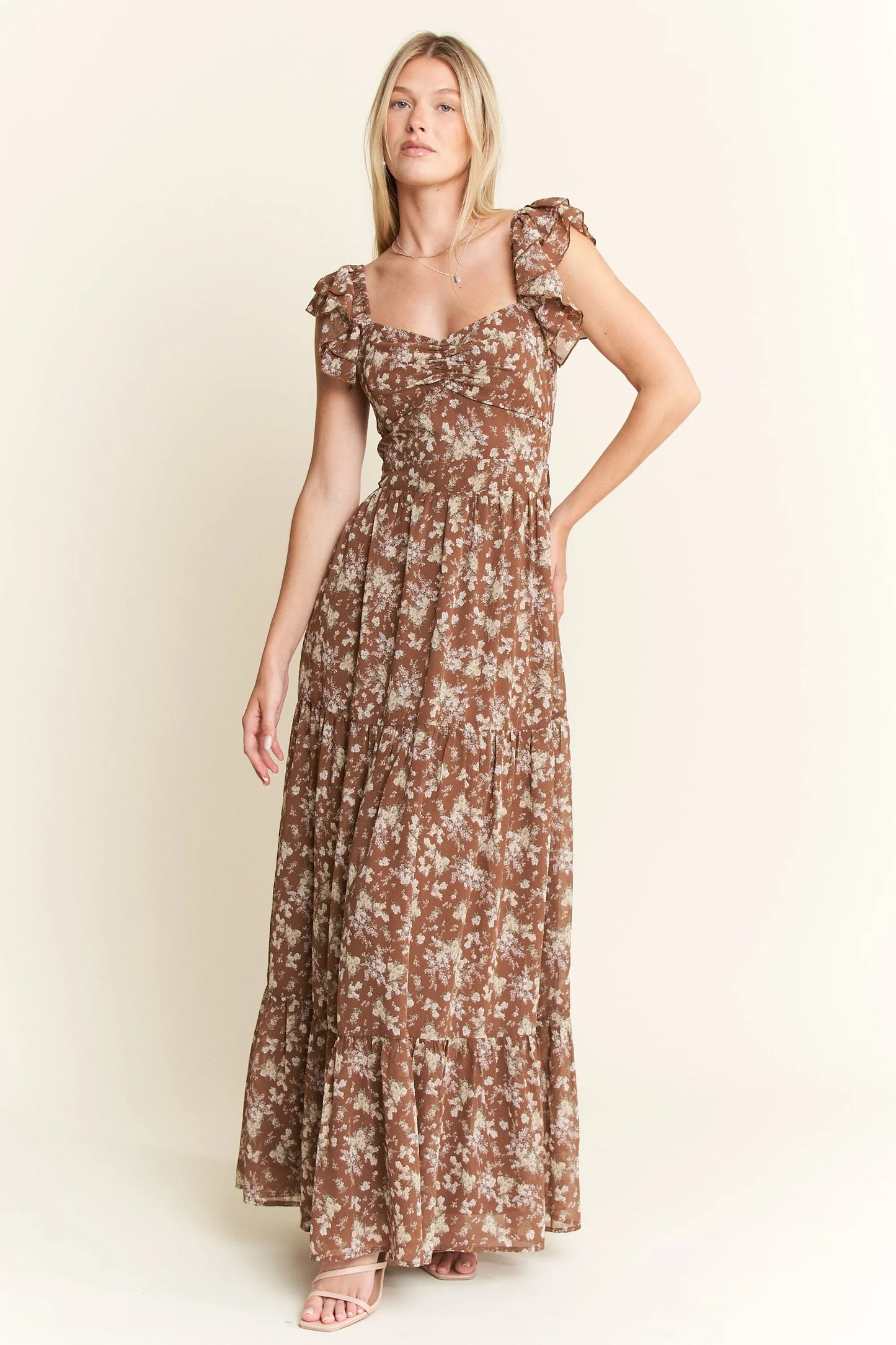 Ruffle Sleeve Tiered Maxi Dress - Mocha - product view 3