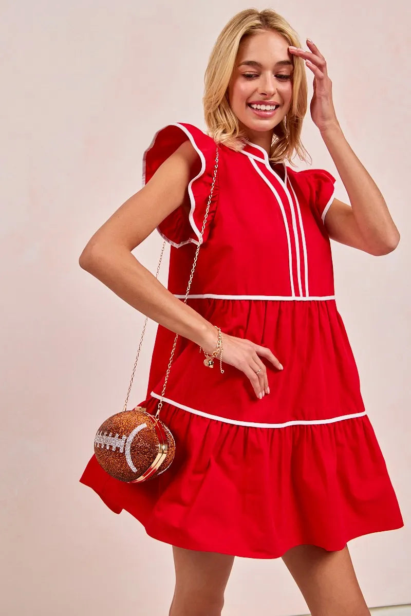 Gameday Theme Contrast Binding Ruffled Dress - Red - product view 12