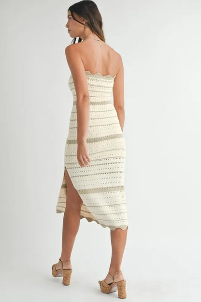Contrast Striped Crochet Knit Midi Dress in Lt Taupe - product view 9