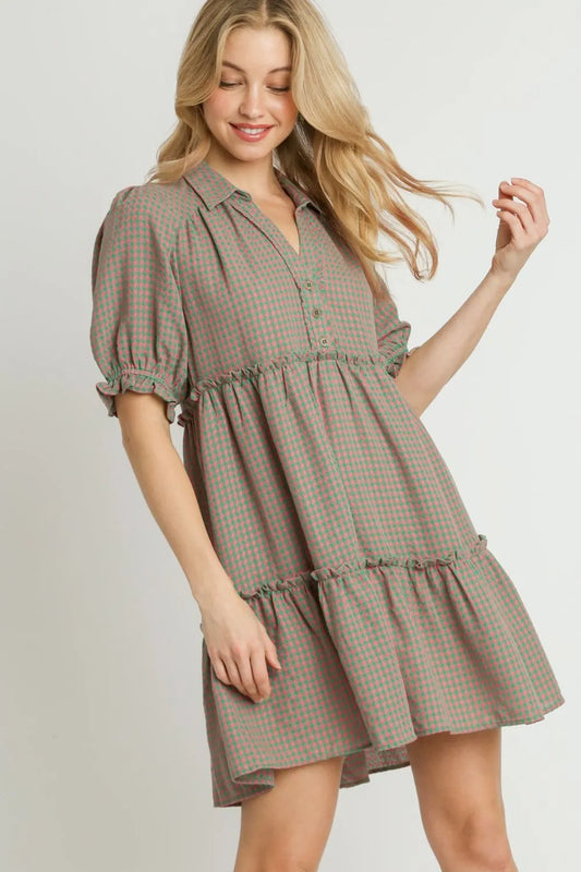Full Size Plaid Frill Button Detail Ruffled Short Sleeve Dress Plus Size in Green/Pink - product view 1