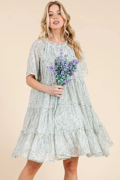 Ditsy Floral Print Sheer Ruffle Detail Mini Dress in Ivory Combo - product view 7