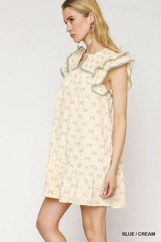 Bow Print Ruffled Cap Sleeve Mini Dress - Blue / Cream - product view 2