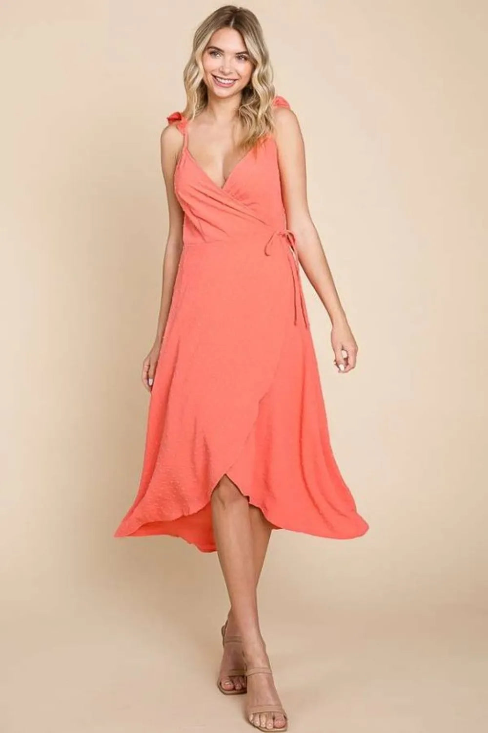 Ruffle Detail Surplice Wrap Slip Dress in Sugar Coral - product view 1