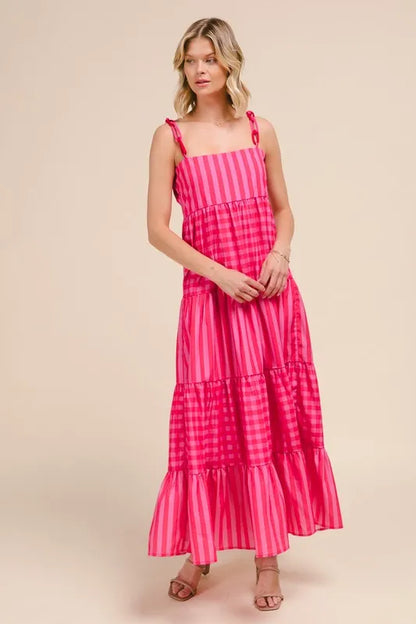 Stripe Tiered Maxi Dress with Colorful Chain Strap in Pink/Red - product view 6
