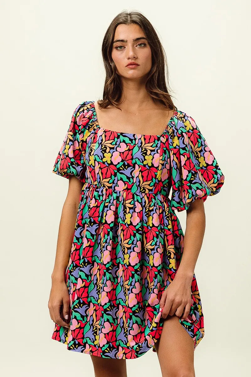 Floral Print Puff Square Neck Dress in Black Multi - product view 8