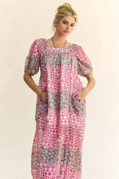 Multi Floral Square Neck Puff Sleeve Maxi Dress in Indian Pink - product view 8