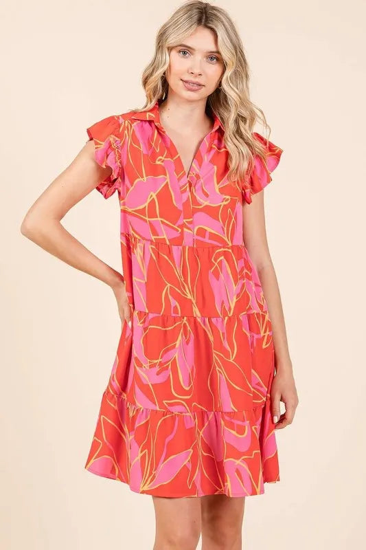 Leaf Print Ruffle Sleeve Tiered Mini Dress - Coral - product view 2