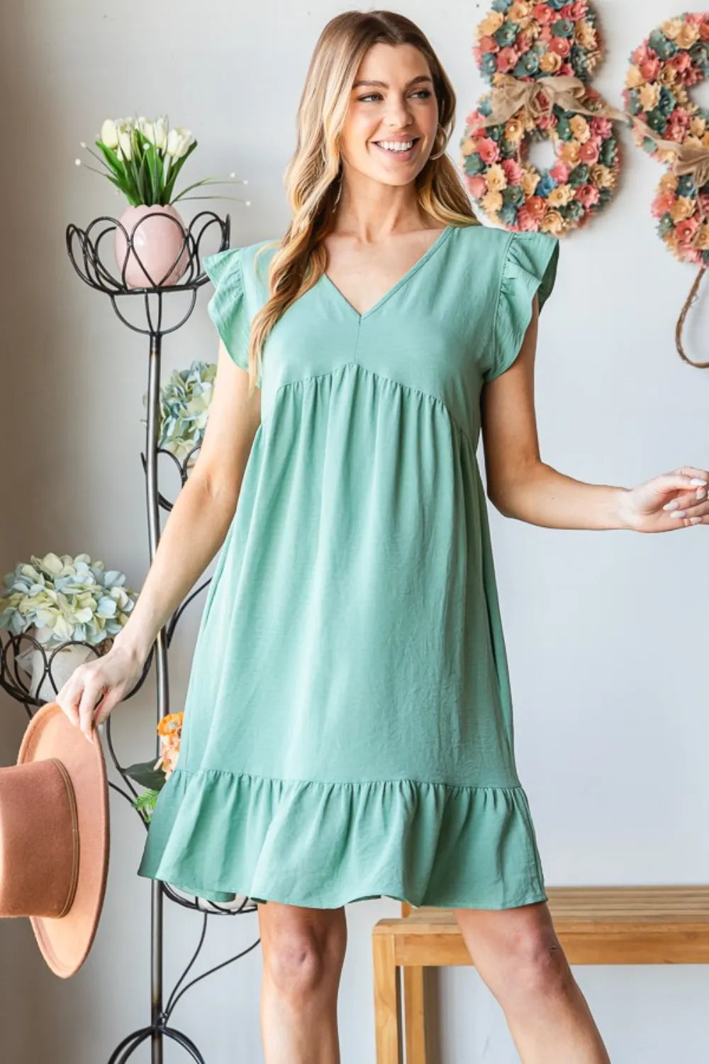 Full Size Short Sleeve V-Neck Ruffled Hem Dress in Dusty Sage - product view 1