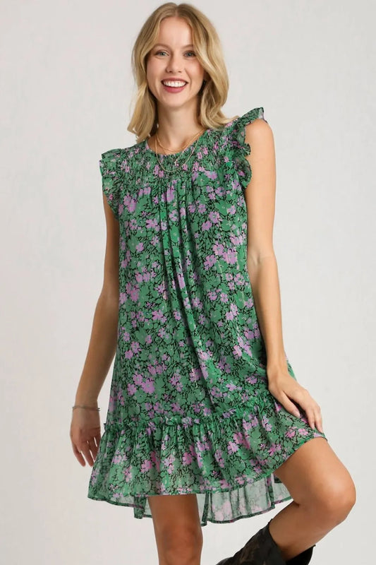 Full Size Smocked Detail Floral Metallic Ruffle Cap Sleeve Dress Plus Size - Dark Green - product view 2