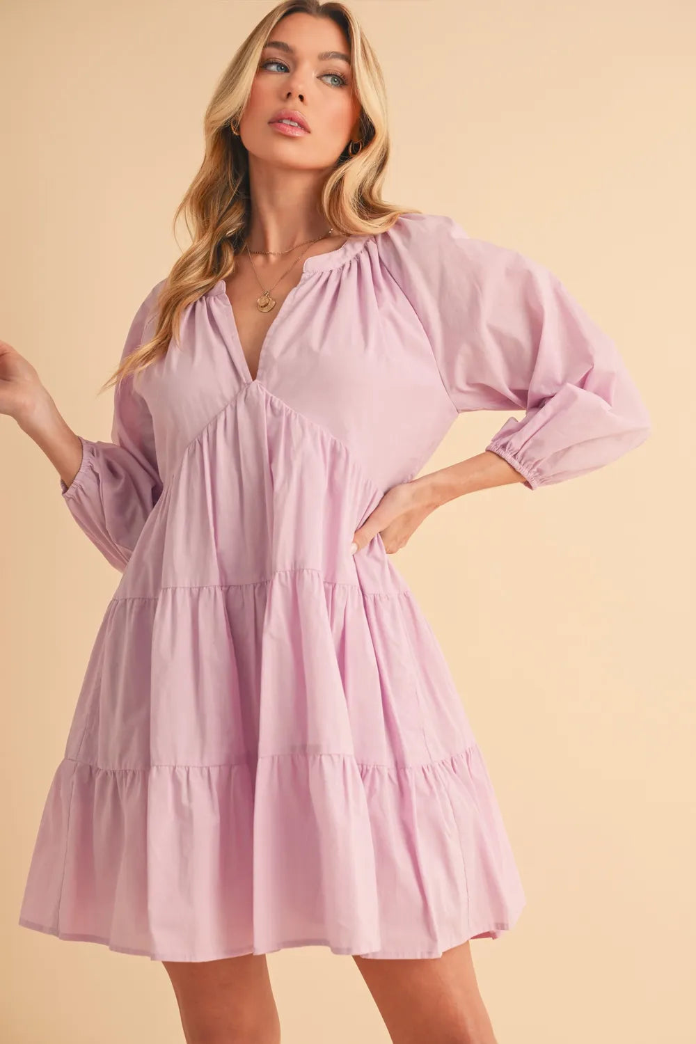 Notched Balloon Sleeve Tiered Mini Dress - Lilac - product view 1