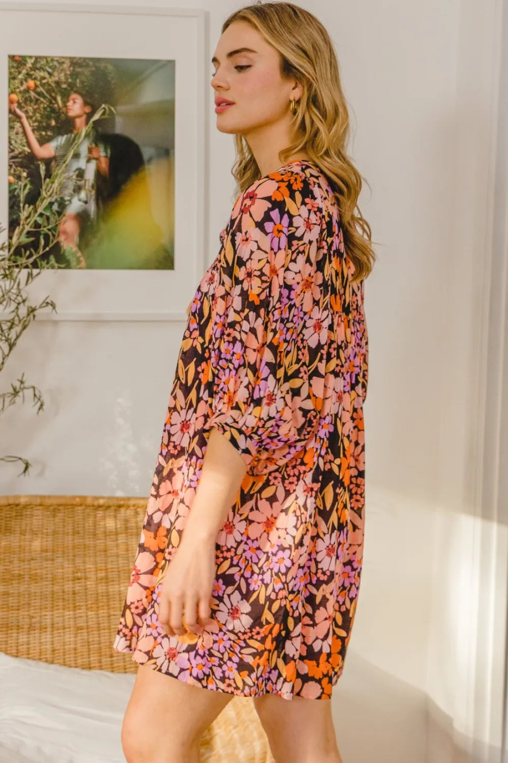 Full Size Floral Tied Neck Mini Dress - Black Multi - product view 3
