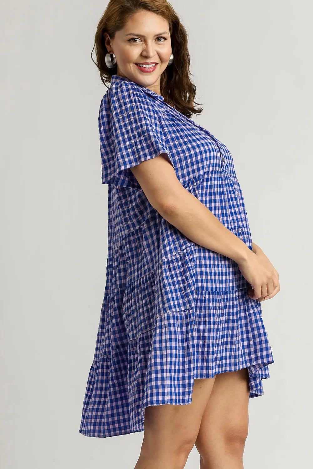 Full Size Gingham Tiered Button Detail Short Sleeve Dress Plus Size - Blue - product view 5
