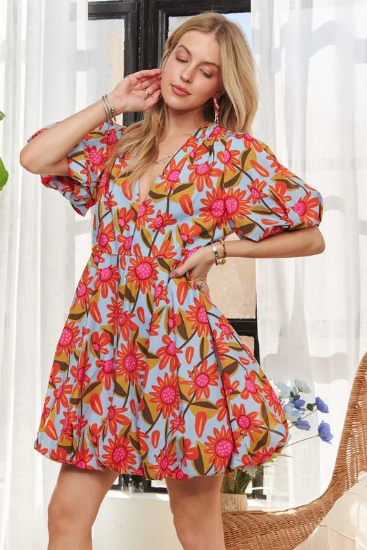 Puff Sleeve Floral Dress - Blue - product view 7