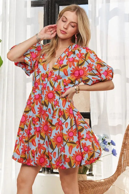 Puff Sleeve Floral Dress - Blue - product view 7