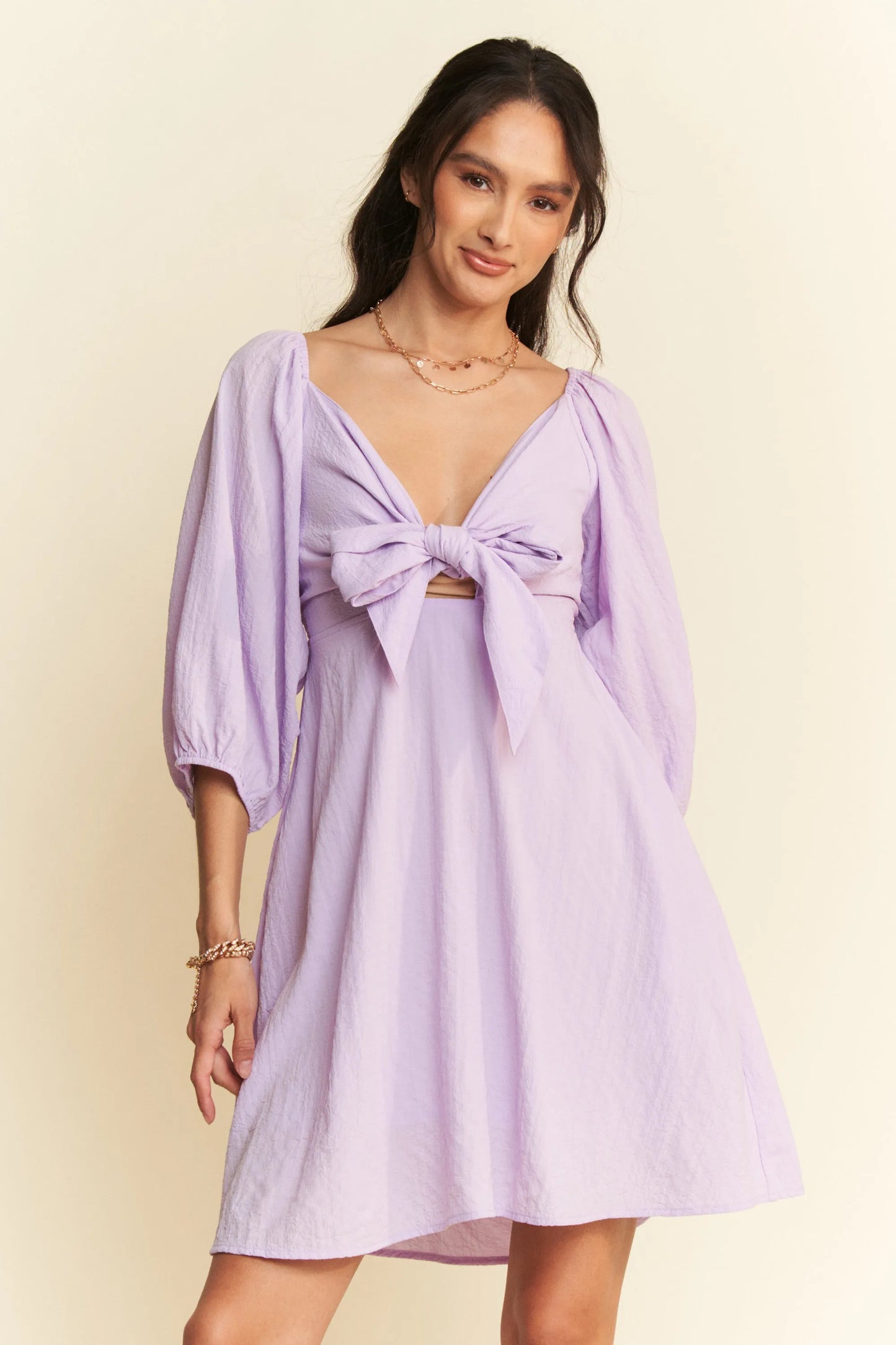 Self-Tie Puff Sleeve Smocking Open Back Mini Dress in Lavender - product view 2