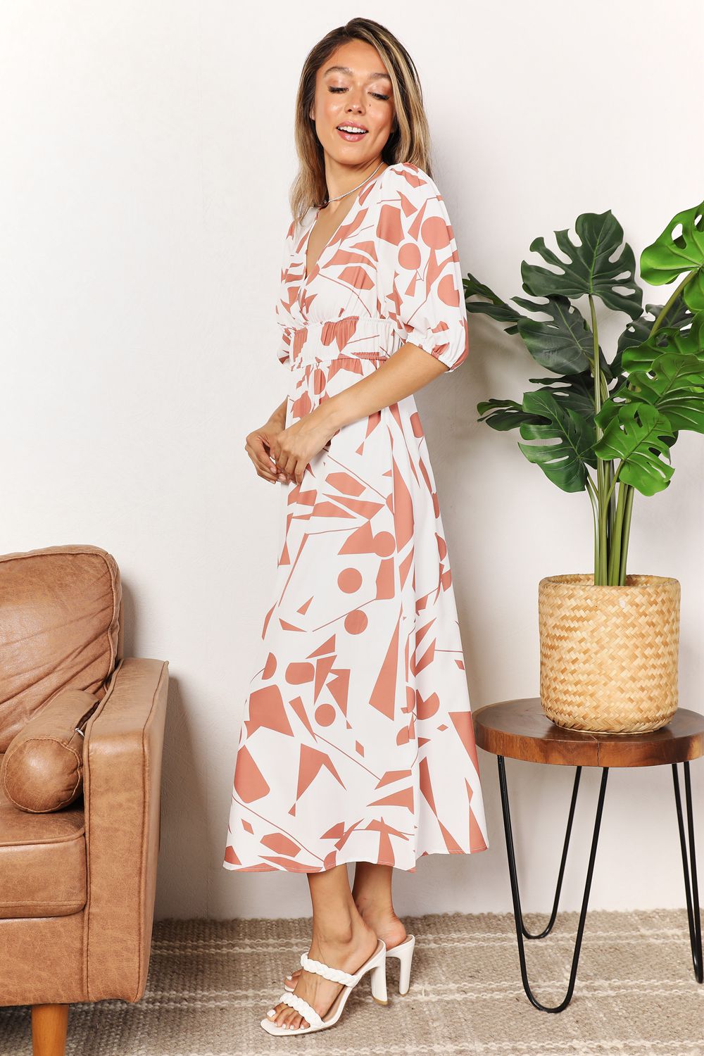 Printed Surplice Balloon Sleeve Dress in Camel and Black - product view 2