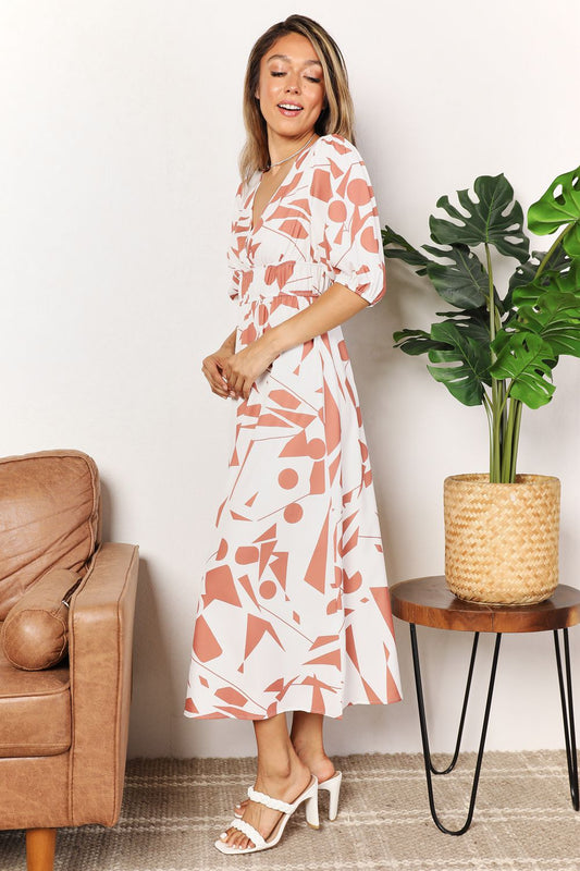 Printed Surplice Balloon Sleeve Dress in Camel and Black - product view 2