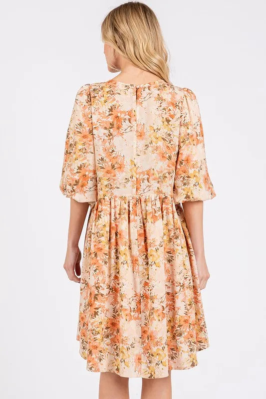 Flower Print Linen Blend Babydoll Mini Dress in Tangerine - product view 3