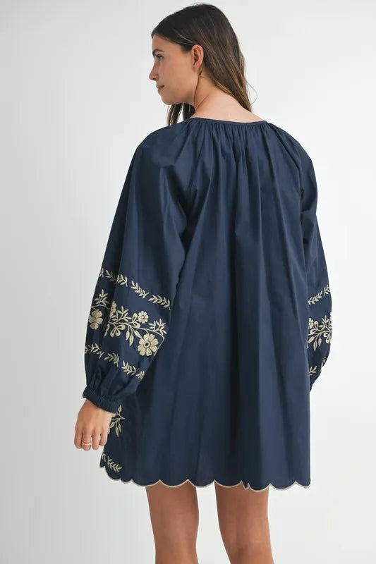 Embroidered Long Sleeve Peasant Mini Dress in Navy - product view 7