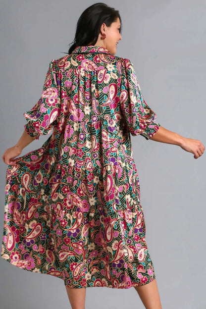 Full Size Paisley Print Satin Tiered Midi Dress Plus Size in Tealgreen - product view 4