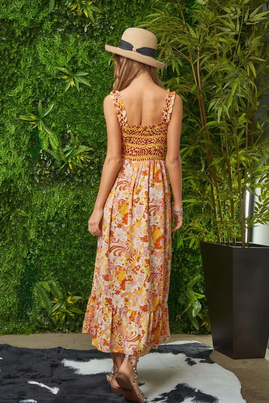 Multi Smocked Bodice Geo Ruffle Strappy Midi Dress - Orange Tan - product view 10