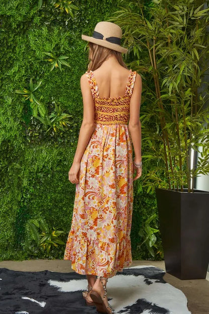 Multi Smocked Bodice Geo Ruffle Strappy Midi Dress - Orange Tan - product view 10