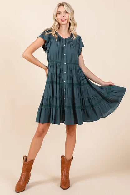 Lace Detail Ruffled Button Down Tiered Dress - Deep Teal - product view 5