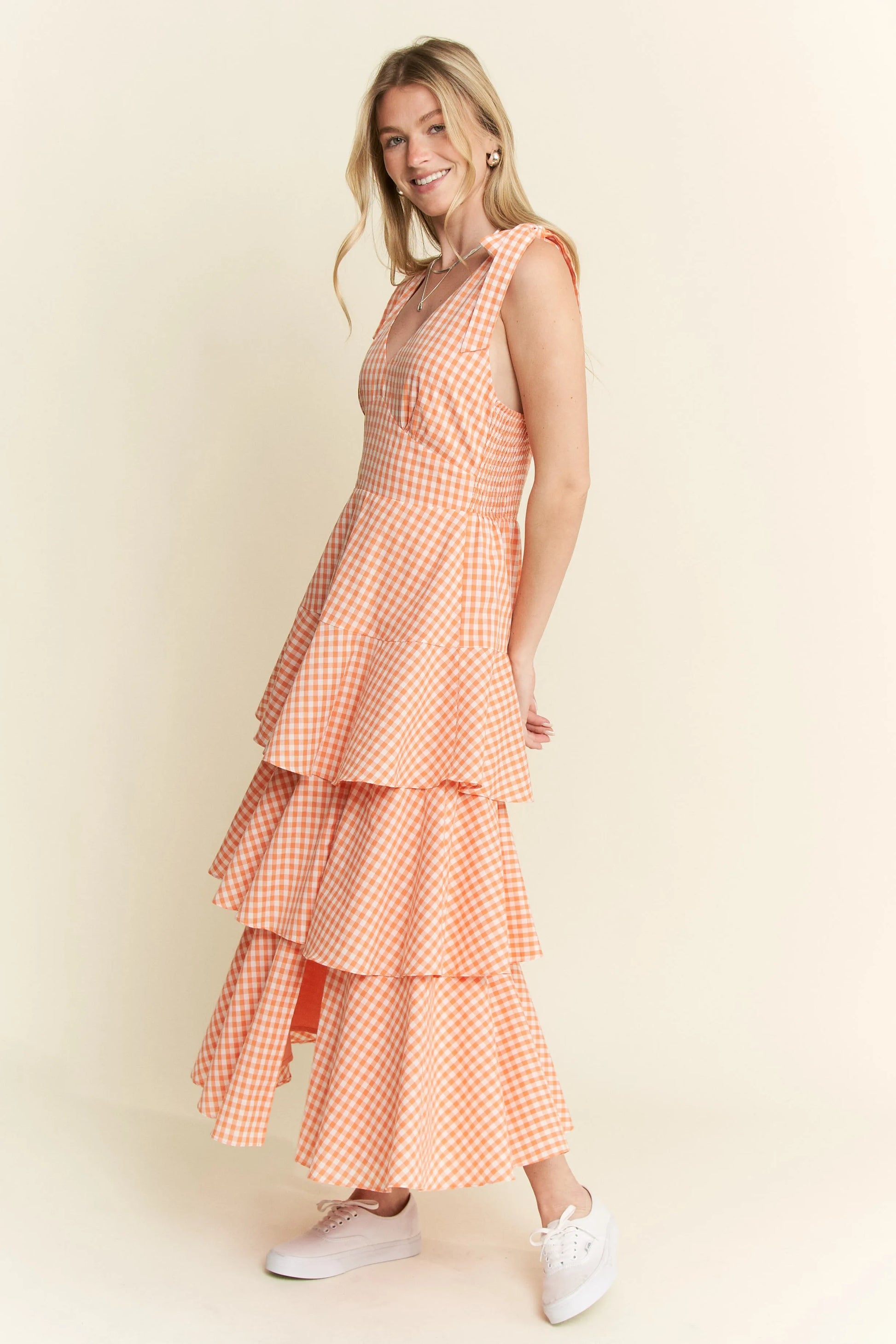Sleeveless Gingham Print Tiered Midi Dress in Orange - product view 13