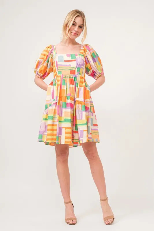 Square Neck Puff Sleeve Geo Printed Mini Dress in Yellow Multi - product view 6